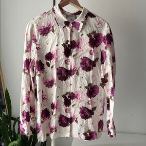 Liz Claiborne Collection Purple and White Floral Button Down Shirt linen 14